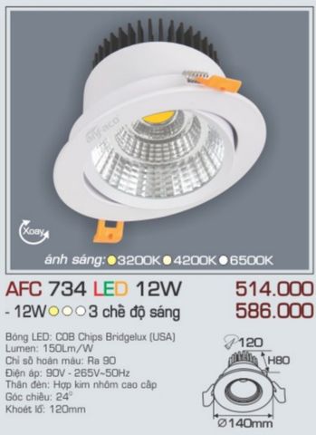  Đèn led âm trần anfaco afc 734 led 12w 