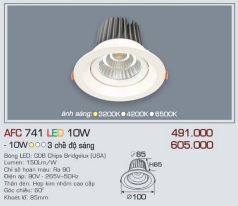  Đèn led âm trần anfaco afc 741 led 10w 