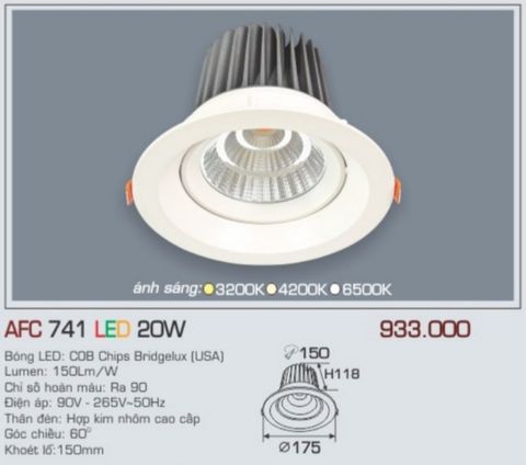  Đèn led âm trần anfaco afc 741 led 20w 