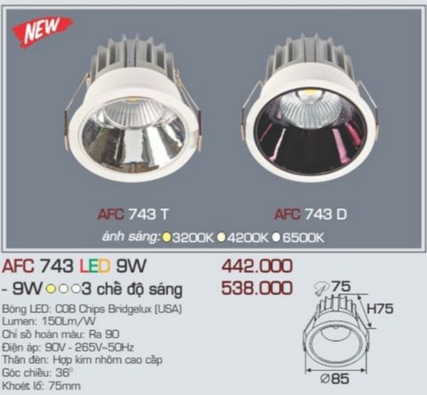  Đèn led âm trần anfaco afc 743 led 9w 