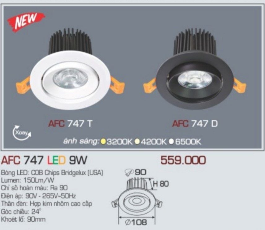 Đèn led âm trần anfaco afc 747 led 9w