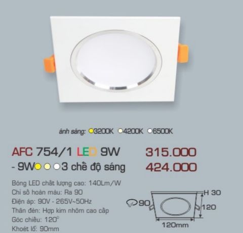  Đèn led âm trần anfaco afc 7541 led 9w 