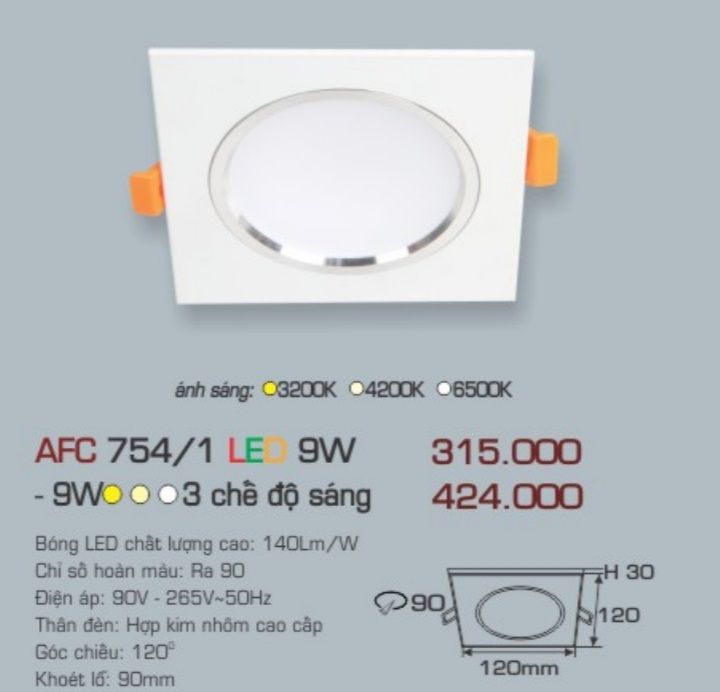 Đèn led âm trần anfaco afc 7541 led 9w