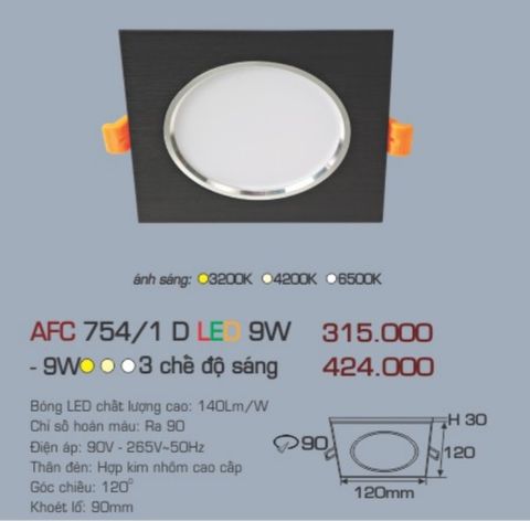  Đèn led âm trần anfaco afc 7541d led 9w 