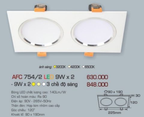  Đèn led âm trần anfaco afc 7542 led 9w x2 