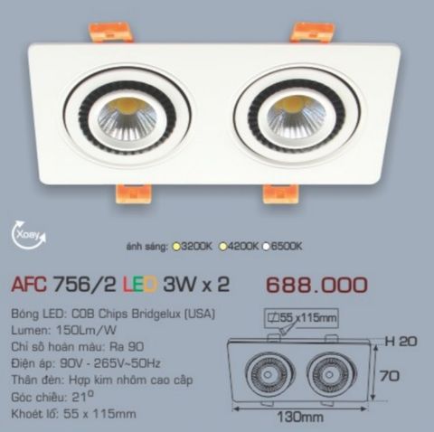  Đèn led âm trần anfaco afc 756 led 3w x 2 