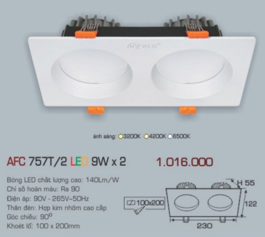 Đèn led âm trần anfaco afc 7572t led 9w x 2