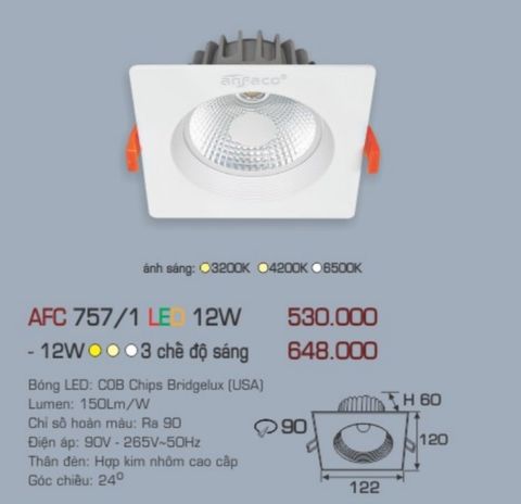  Đèn led âm trần anfaco afc 757 led 12w 