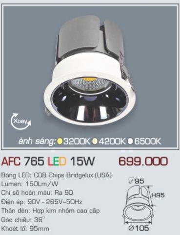  Đèn led âm trần anfaco afc 765 led 15w 