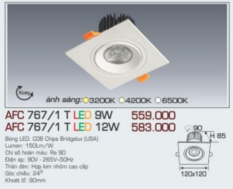  Đèn led âm trần anfaco afc 7671t led 9w 12w 