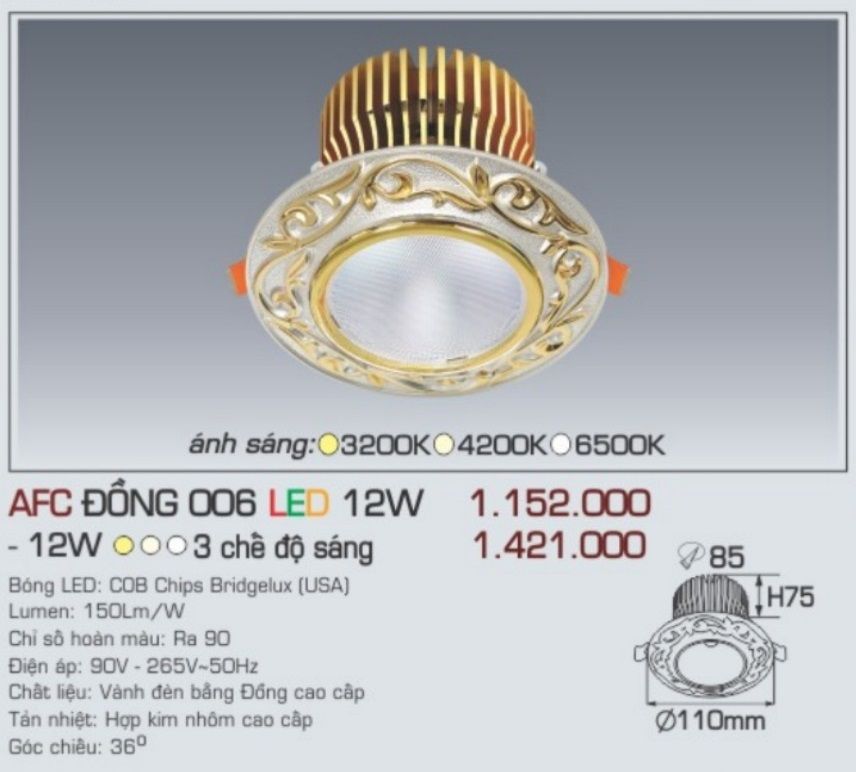 Đèn led âm trần anfaco afc đồng 006 led 12w