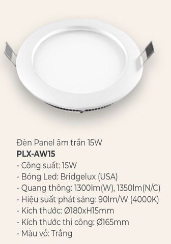  Đèn led âm trần vinaled 15w PLX AW15 