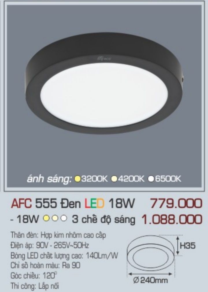 Đèn led ốp trần anfaco afc 555 đen led 18w