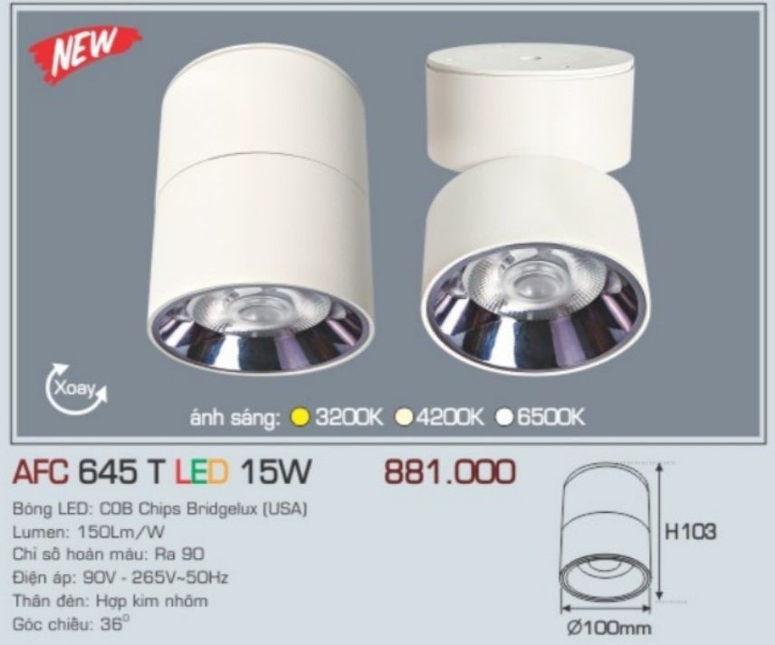 Đèn lon led ốp trần anfaco afc 645t led 15w