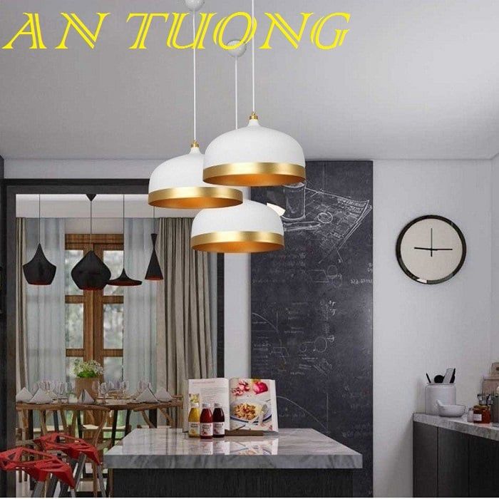 đèn thả trang trí quán cafe chao nhôm trắng xi viền vàng 01