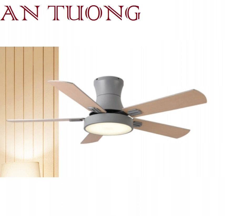 quạt trần đèn cánh gỗ 5 cánh màu xám phong cách hiện đại ánh sáng 3 chế độ, 3 màu