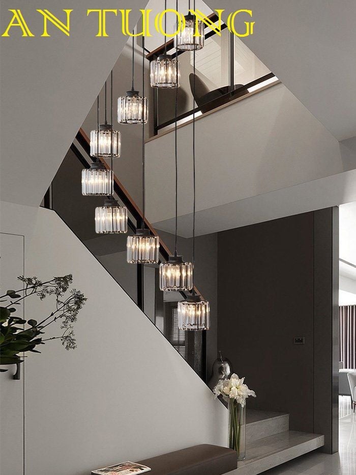 đèn thả thông tầng cầu thang, đèn thả trang trí ô thông tầng phòng khách, thông tầng cầu thang đẹp, hiện đại 022