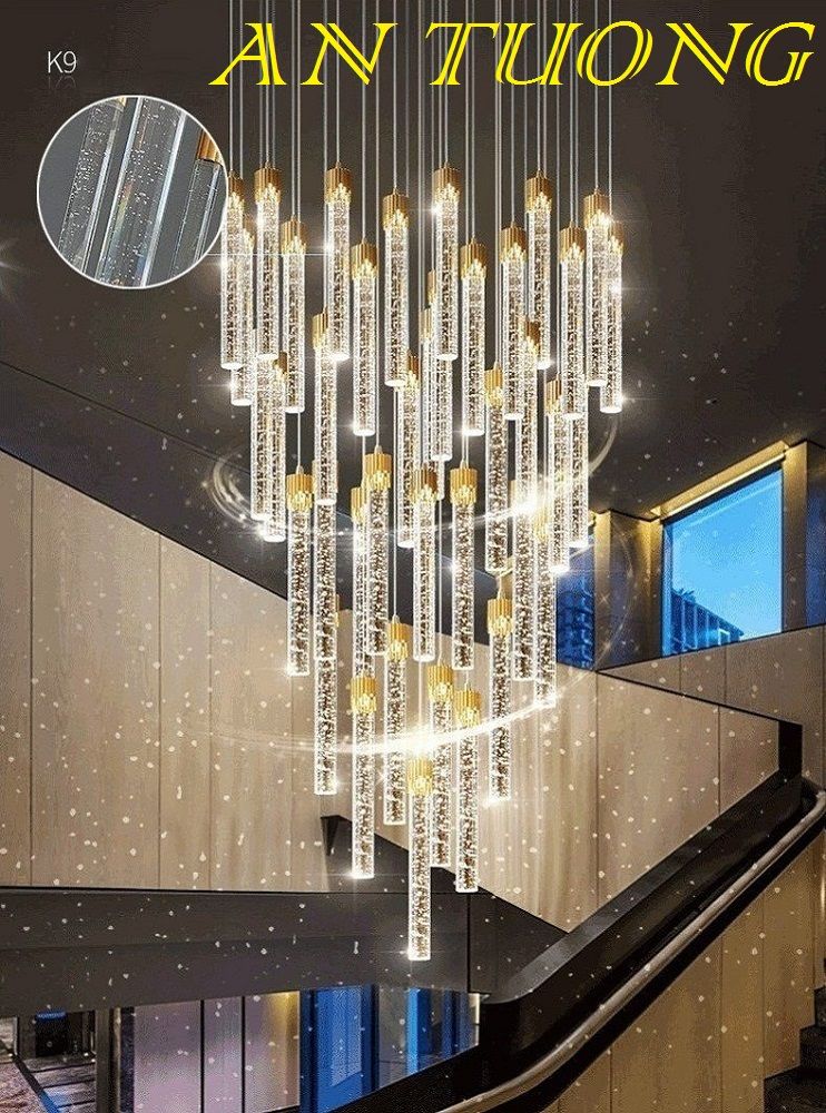đèn thả thông tầng cầu thang, đèn thả trang trí ô thông tầng phòng khách, thông tầng cầu thang đẹp, hiện đại 062