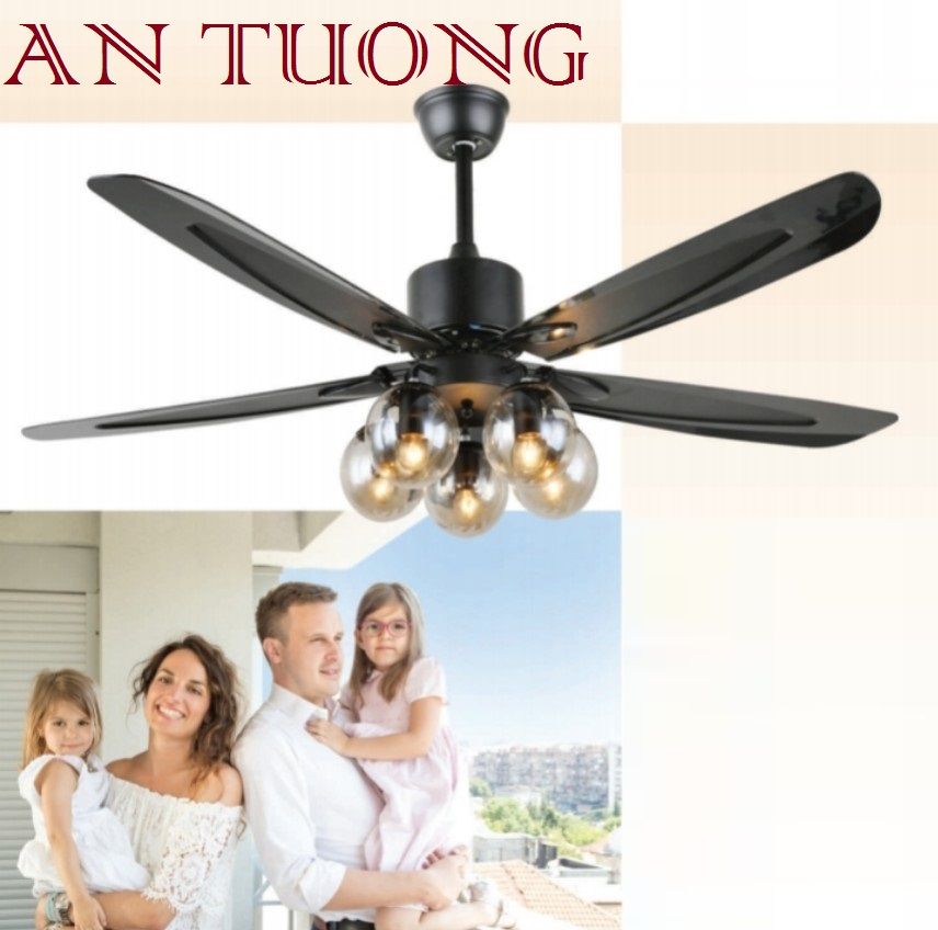 quạt trần cánh kim loại màu đen 5 cánh- gắn bóng đèn led ánh sáng vàng