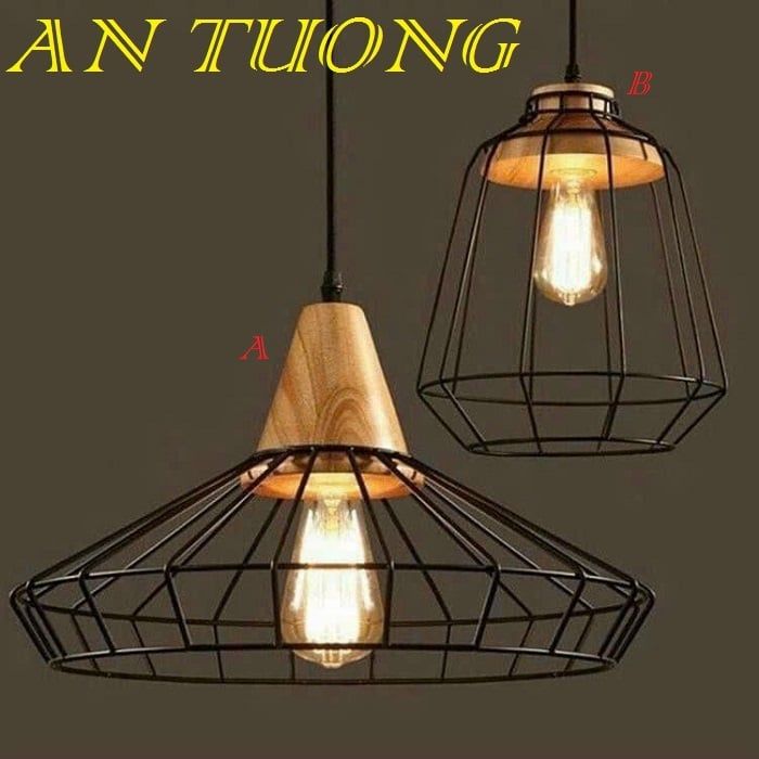 đèn thả trang trí quán cafe chụp khung sắt màu đen đuôi gỗ kiểu công nghiệp 013