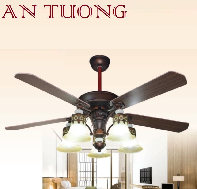 quạt trần đèn cánh gỗ 5 cánh phong cách cổ, cổ điển, cổ xưa 012 indochine