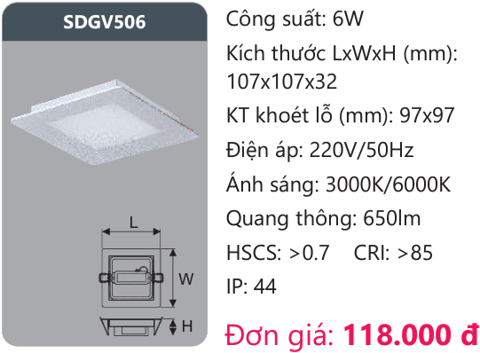 ĐÈN LED ÂM TRẦN DUHAL 6W VUÔNG - SDGV506 / SDGV 506