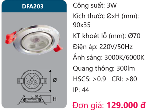  ĐÈN LED ÂM TRẦN CHIẾU ĐIỂM 3W DUHAL - DFA203 (DFA 203, DF A203, D FA203) 