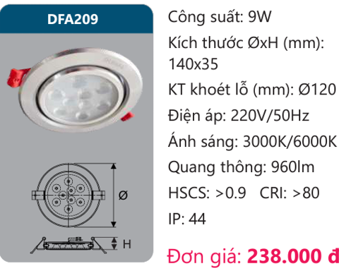  ĐÈN LED ÂM TRẦN CHIẾU ĐIỂM 9W DUHAL - DFA209 (DFA 209, DF A209, D FA209) 