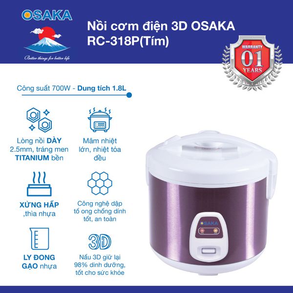 NỒI CƠM ĐIỆN OSAKA RC-318P 1.8 LÍT, TÍM THAN SANG TRỌNG - CÔNG NGHỆ Ủ CƠM 3D