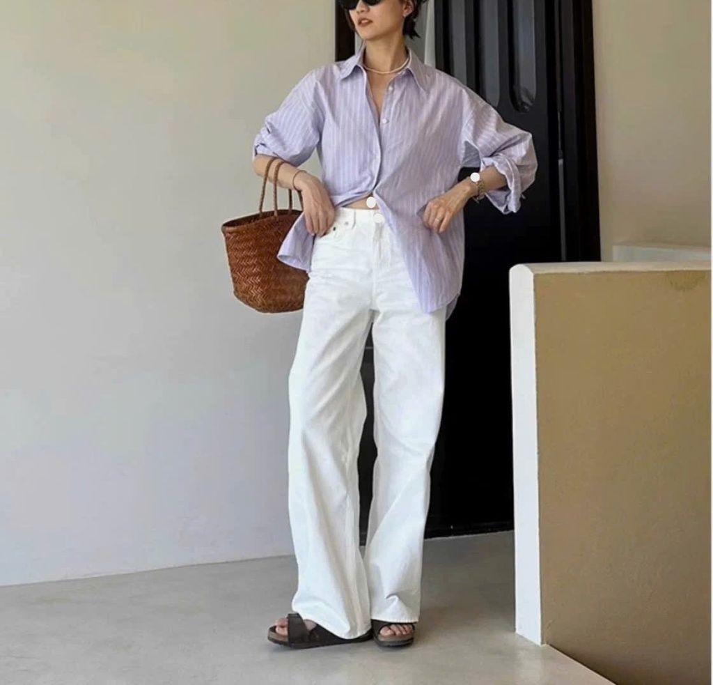 Áo sơ mi nữ Fom rộng POLO sọc tím