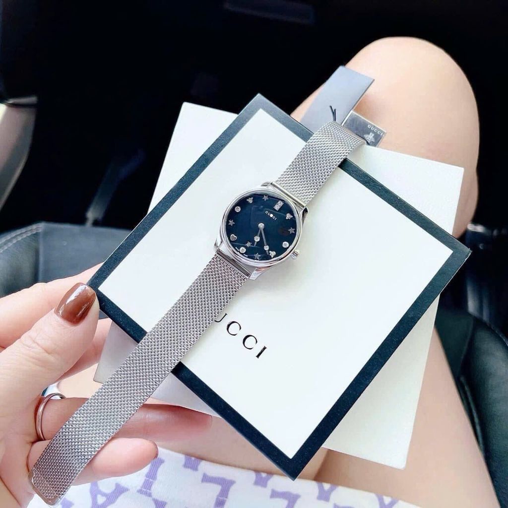Guccii G-Timeless Mother of Pearl Black Dial Silver Tone Mesh Ladies Watch #YYA1265001