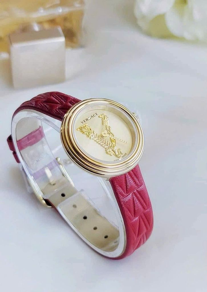 Ver.sace Virtus Mini Duo Gold Dial Red Leather Ladies Watch