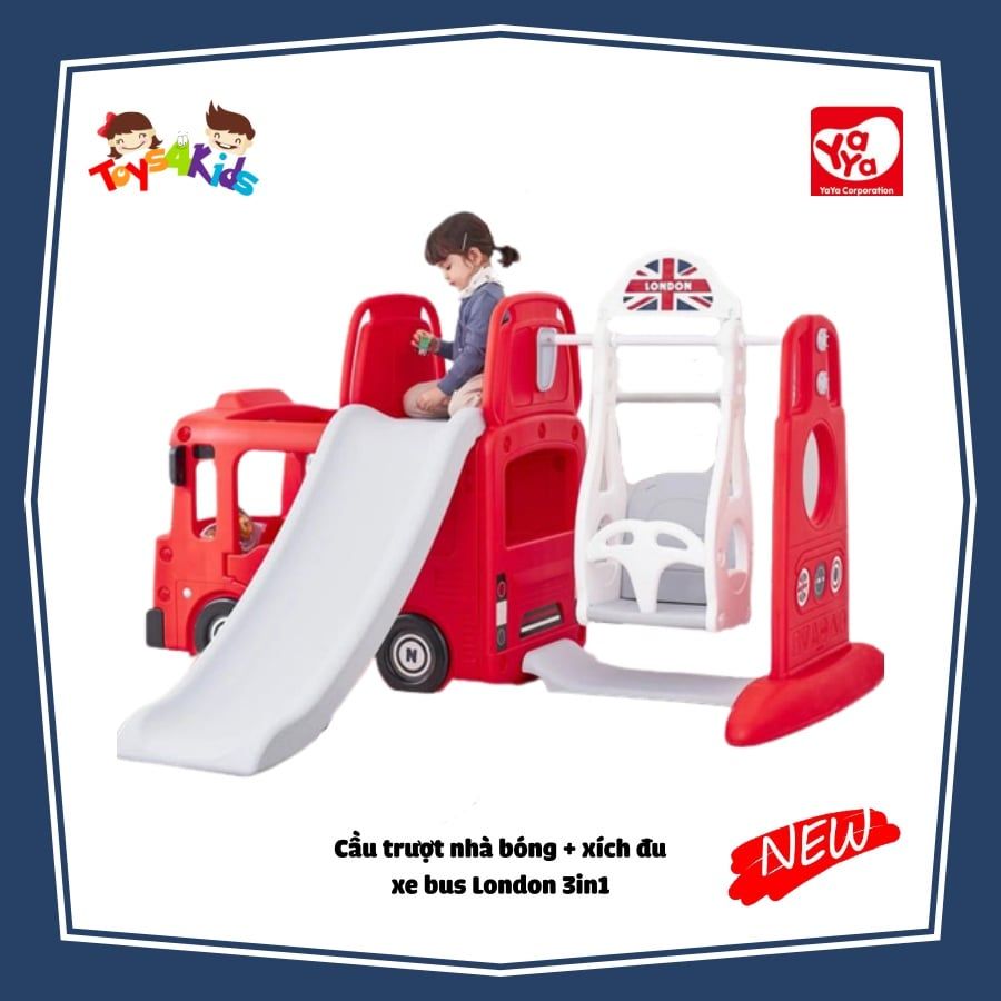  Nhà chơi cầu trượt quây bóng xe Bus London kết hợp xích đu 4 trong 1 