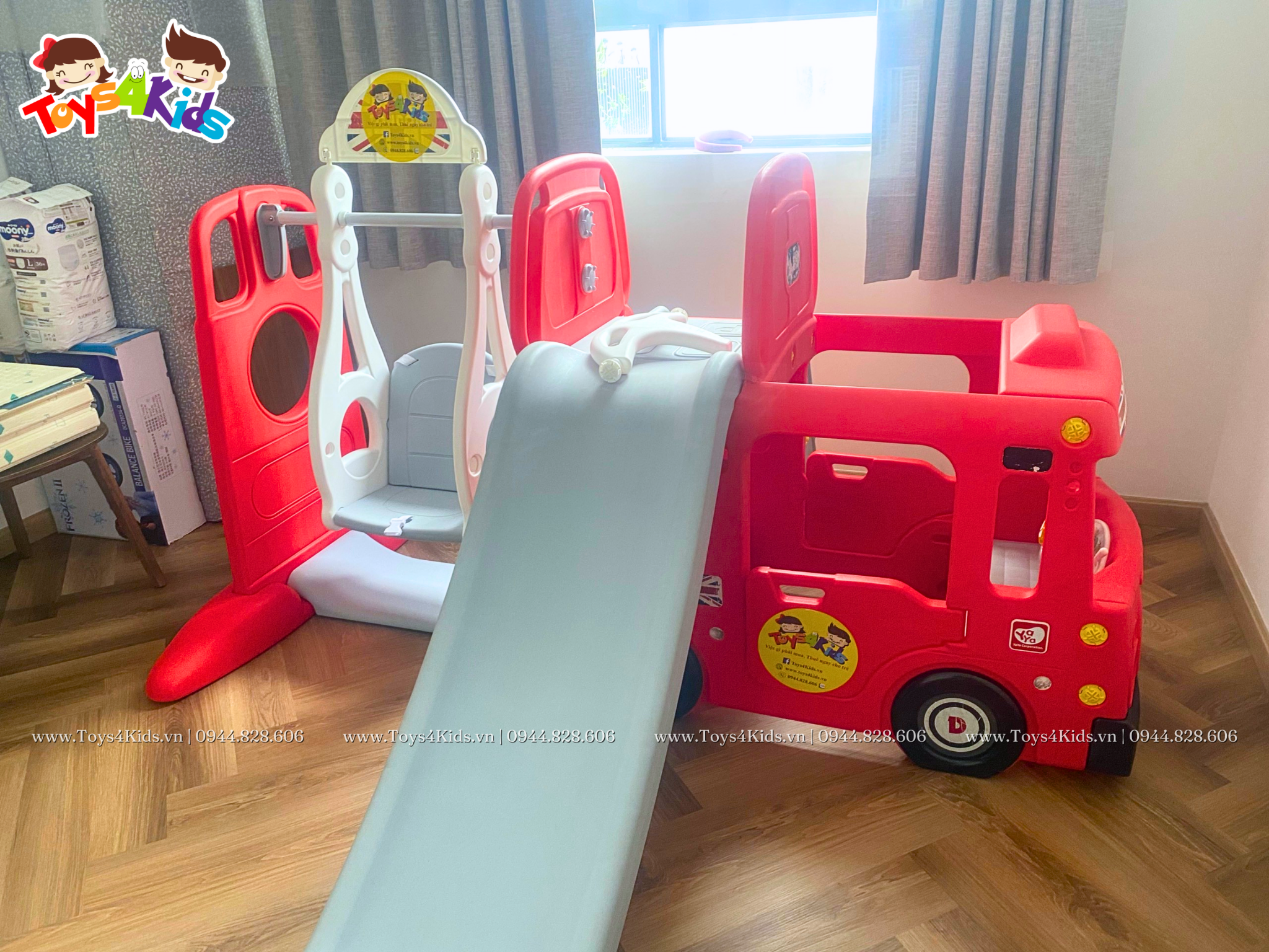  Nhà chơi cầu trượt quây bóng xe Bus London kết hợp xích đu 4 trong 1 
