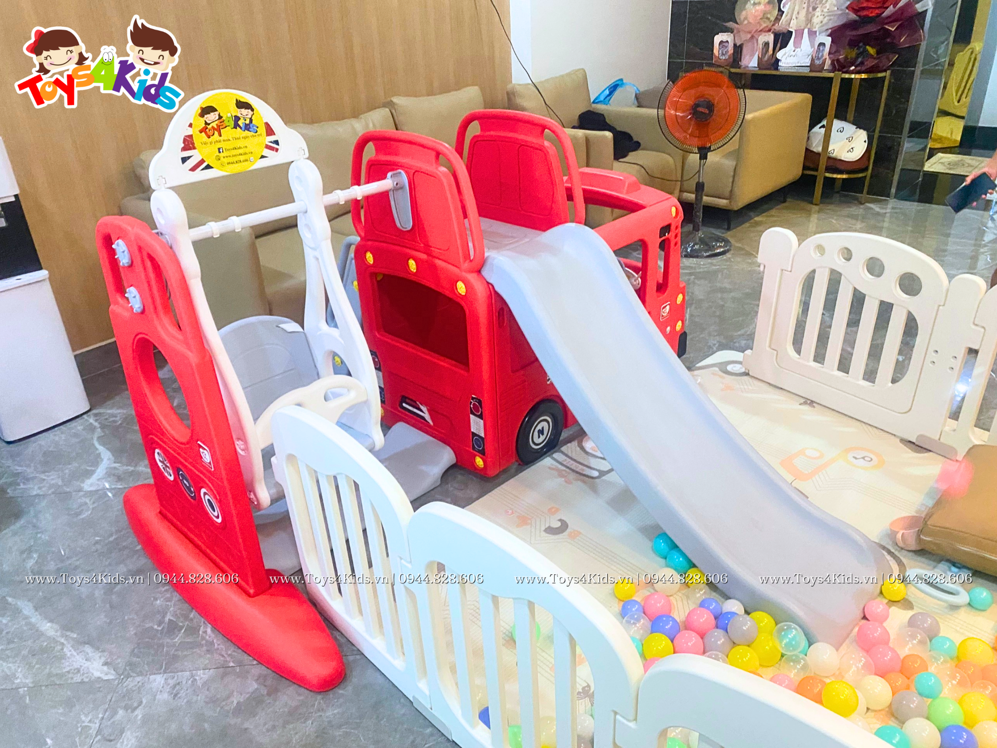  Nhà chơi cầu trượt quây bóng xe Bus London kết hợp xích đu 4 trong 1 