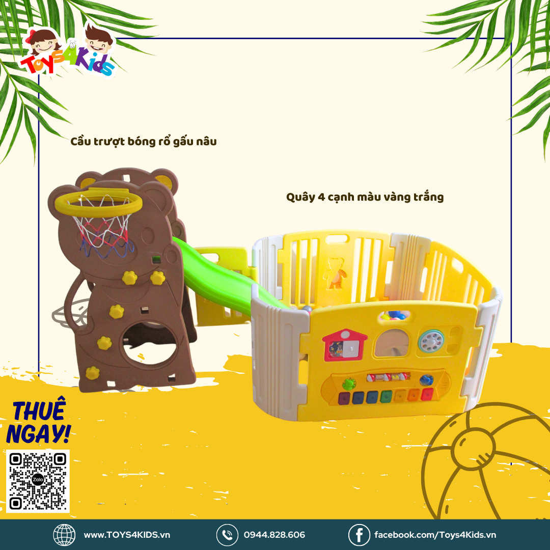  Combo Cầu trượt bóng rổ gấu nâu cao cấp + Quây 4 cạnh có cửa và đồ chơi màu vàng trắng 