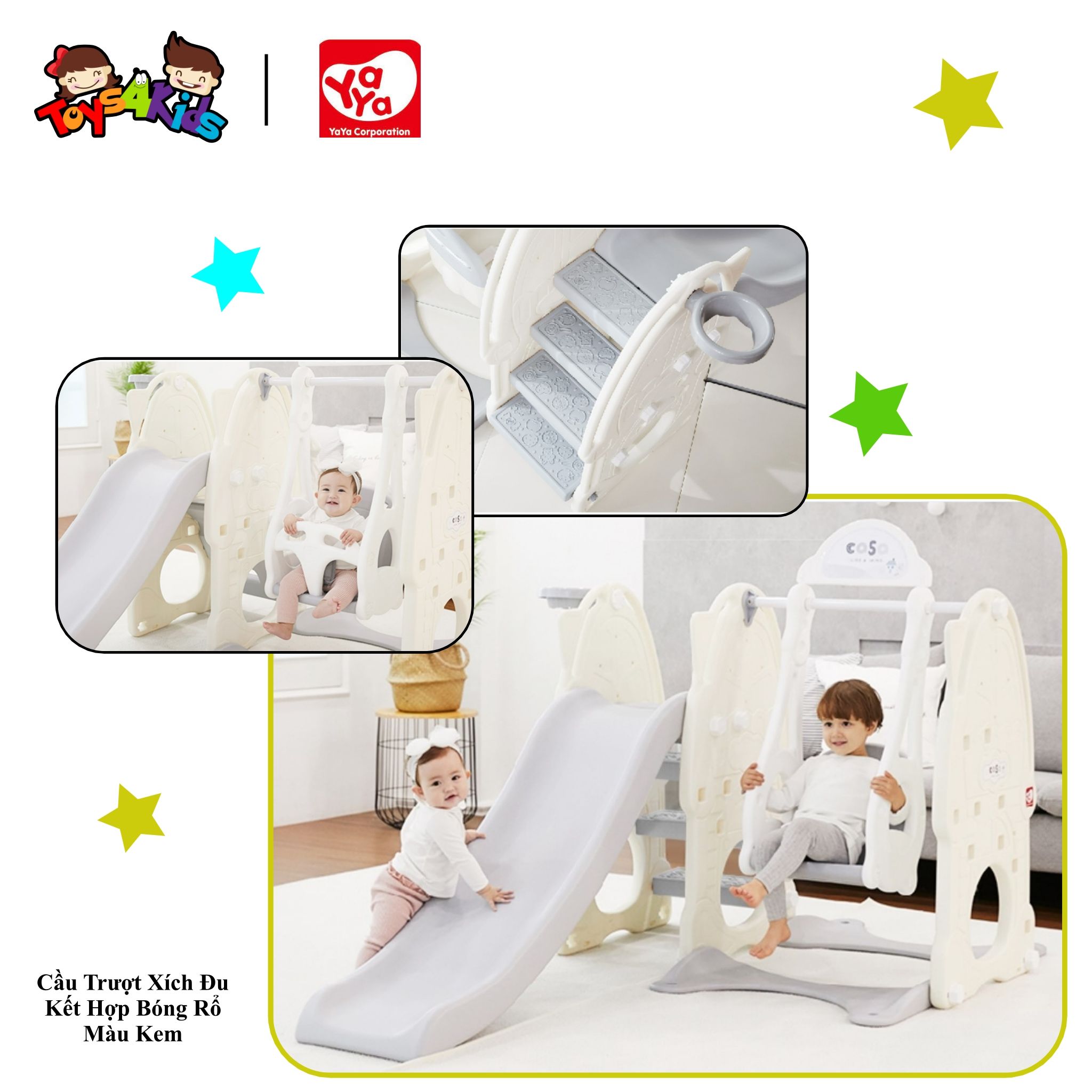  Cầu trượt xích đu kết hợp bóng rổ màu kem 4 trong 1 