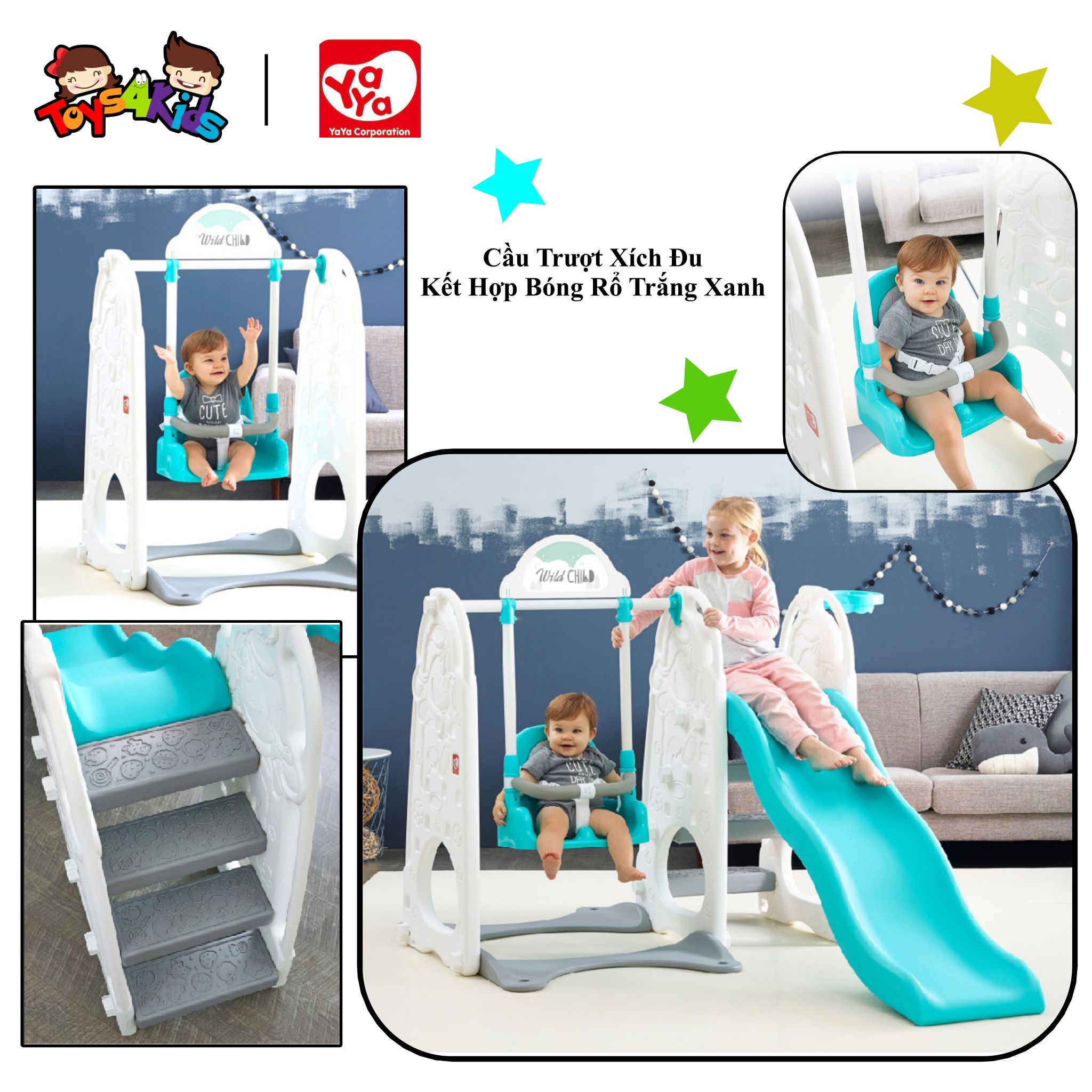  Cầu trượt xích đu kết hợp bóng rổ trắng xanh 4 trong 1 