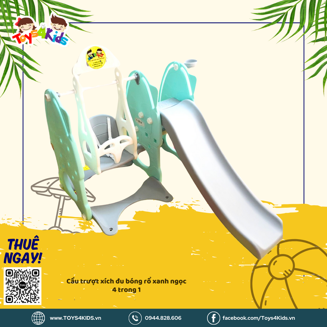  Cầu trượt xích đu kết hợp bóng rổ xanh ngọc 4 trong 1 