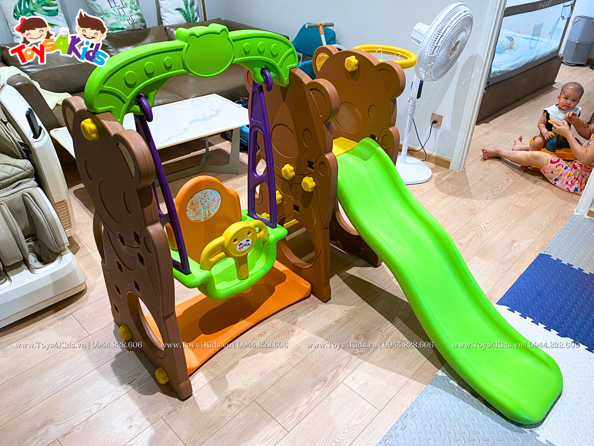  Cầu trượt xích đu kết hợp bóng rổ chú gấu nâu 4 trong 1 
