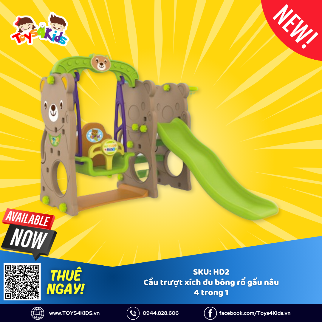  Cầu trượt xích đu kết hợp bóng rổ chú gấu nâu 4 trong 1 