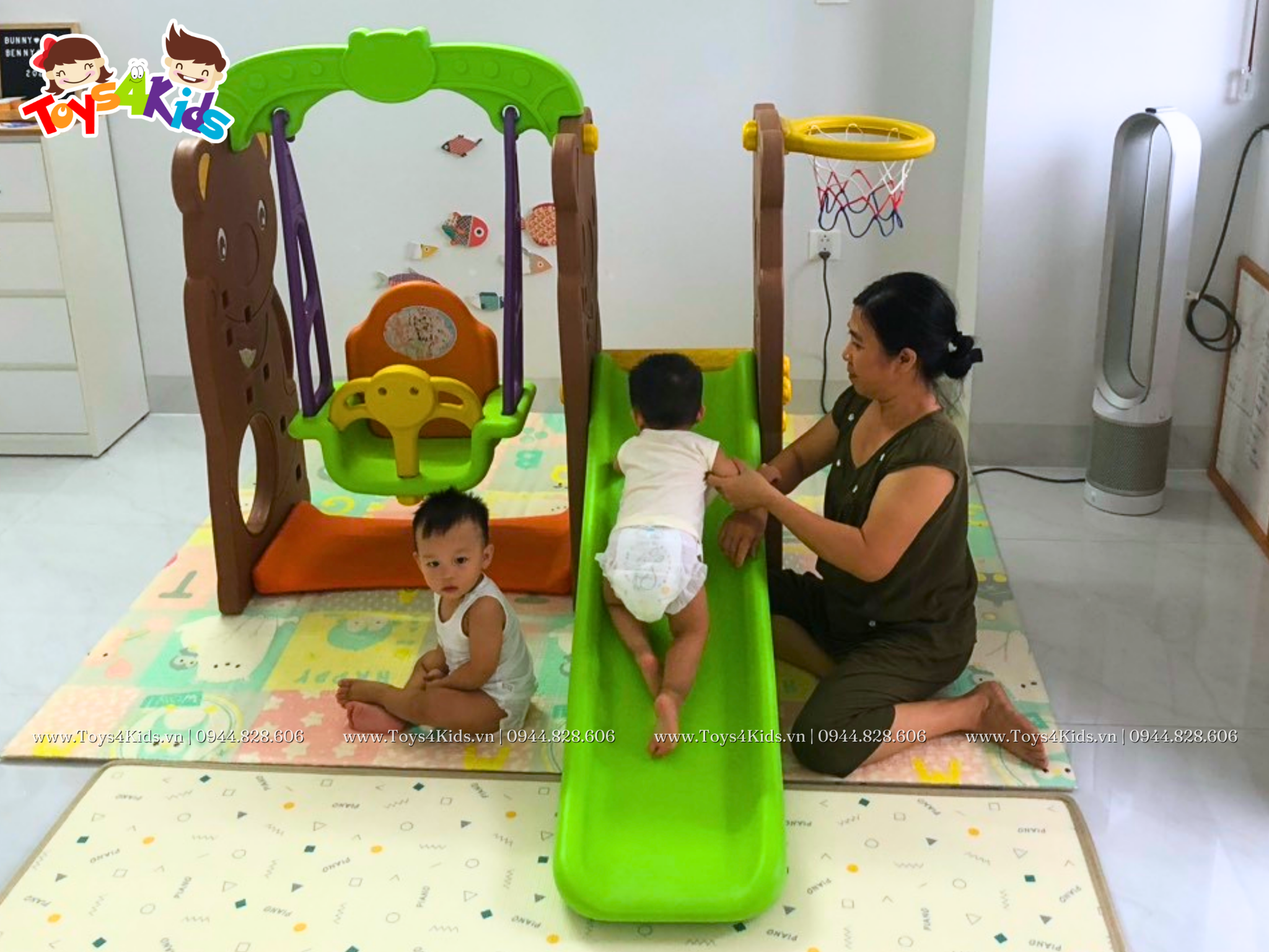  Cầu trượt xích đu kết hợp bóng rổ chú gấu nâu 4 trong 1 