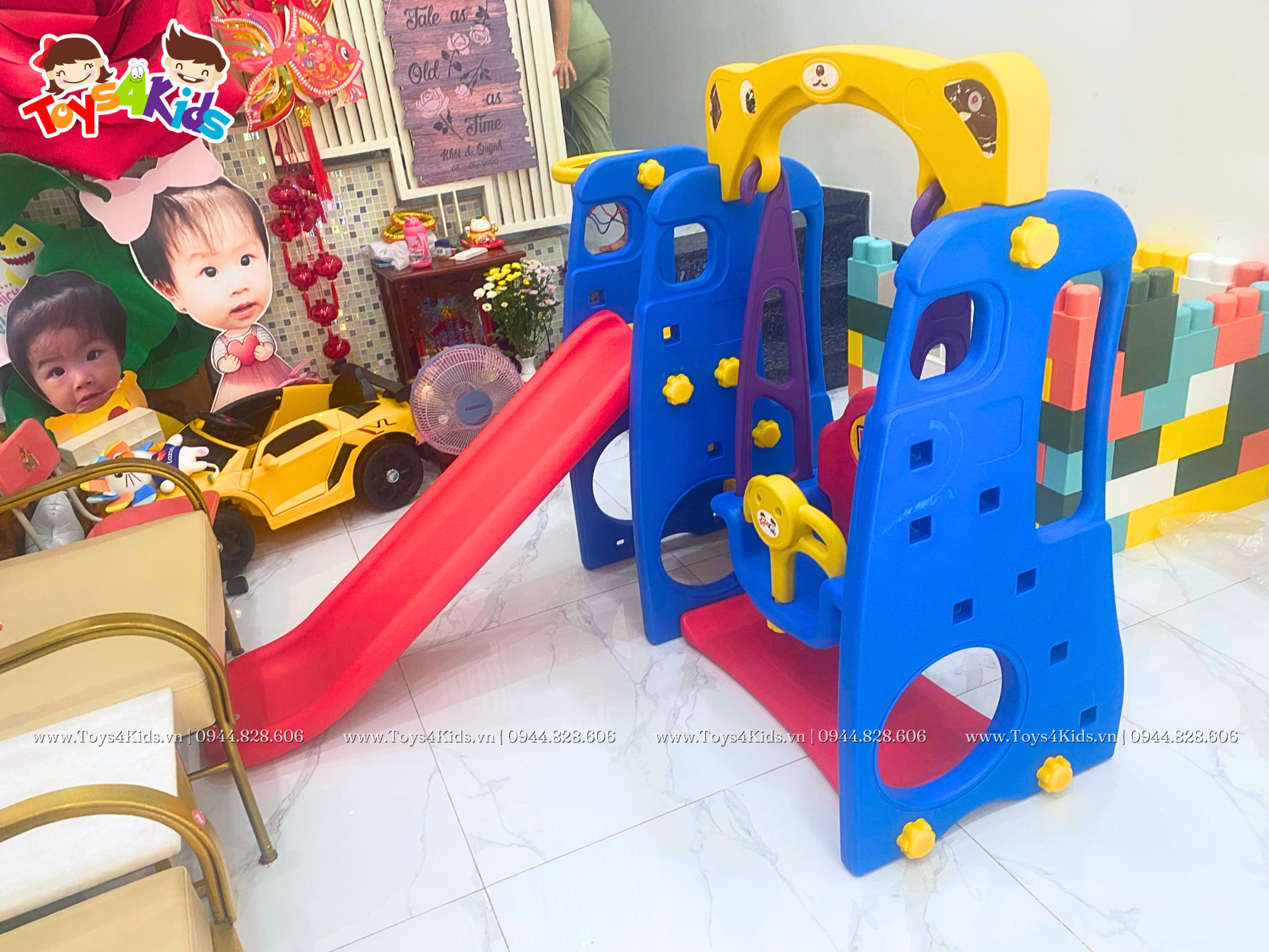  Cầu trượt xích đu kết hợp bóng rổ gấu xanh 4 trong 1 
