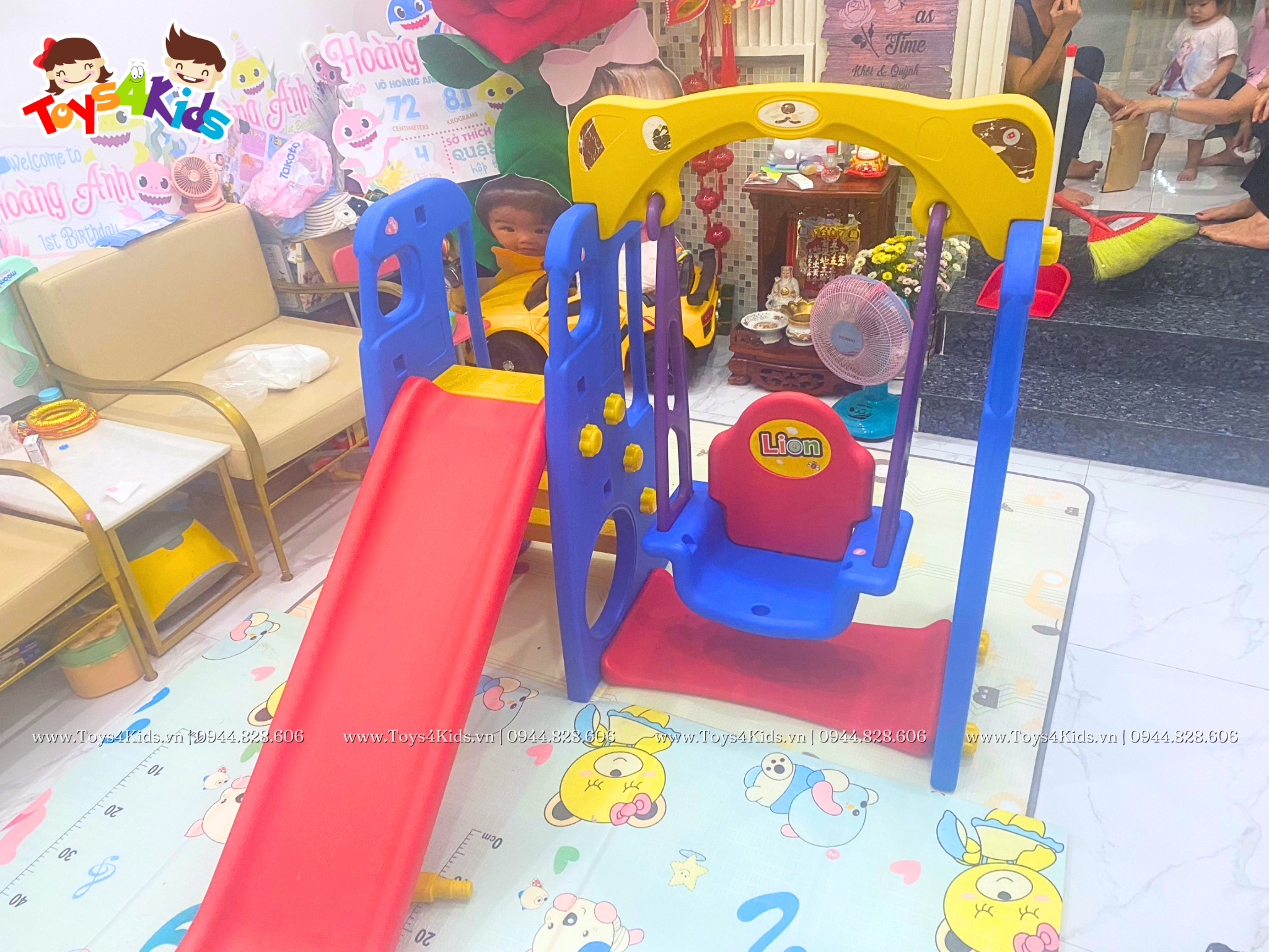  Cầu trượt xích đu kết hợp bóng rổ gấu xanh 4 trong 1 