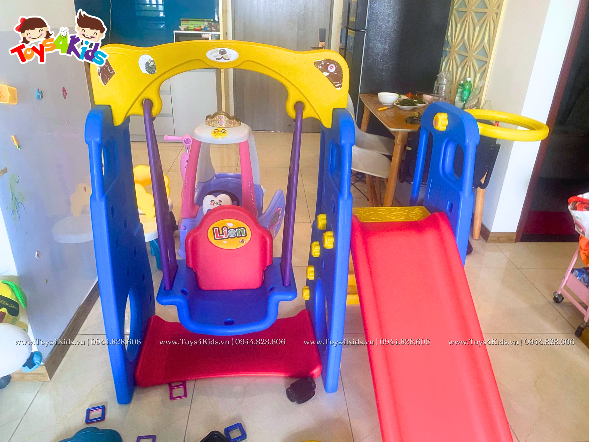  Cầu trượt xích đu kết hợp bóng rổ gấu xanh 4 trong 1 
