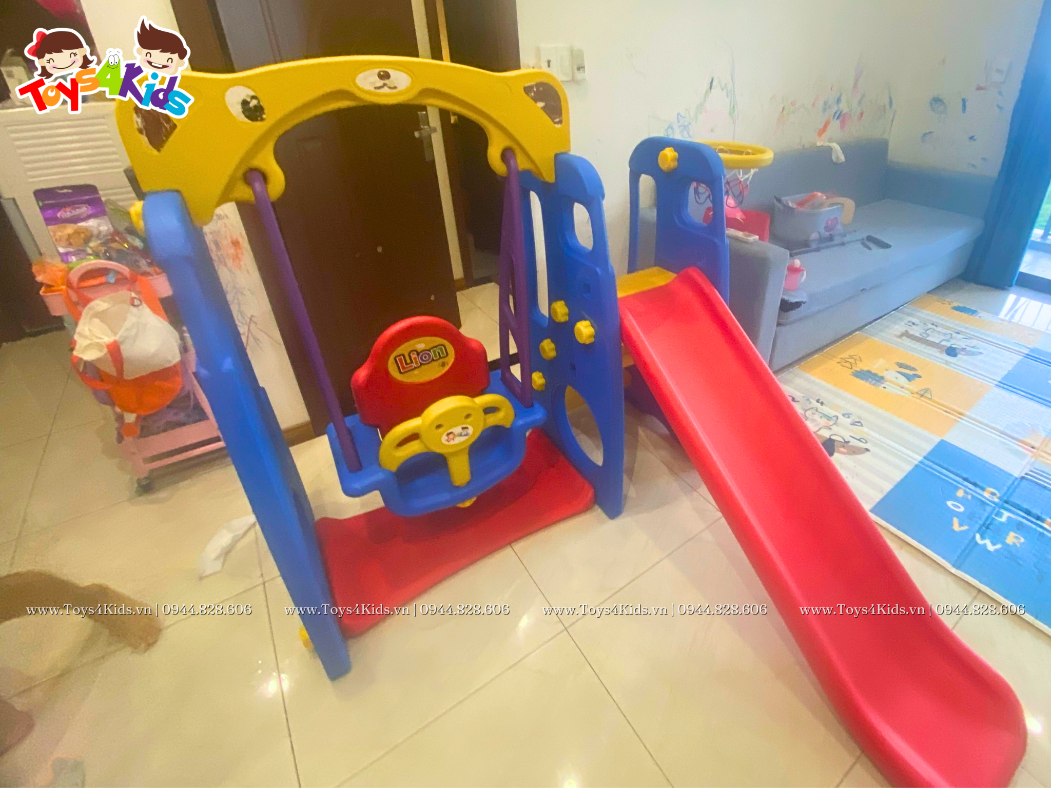  Cầu trượt xích đu kết hợp bóng rổ gấu xanh 4 trong 1 