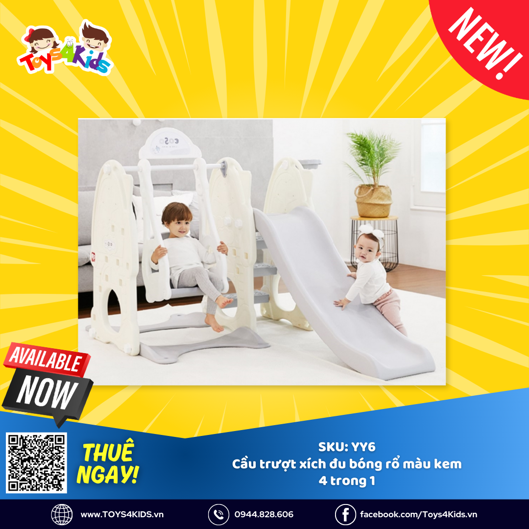  Cầu trượt xích đu kết hợp bóng rổ màu kem 4 trong 1 