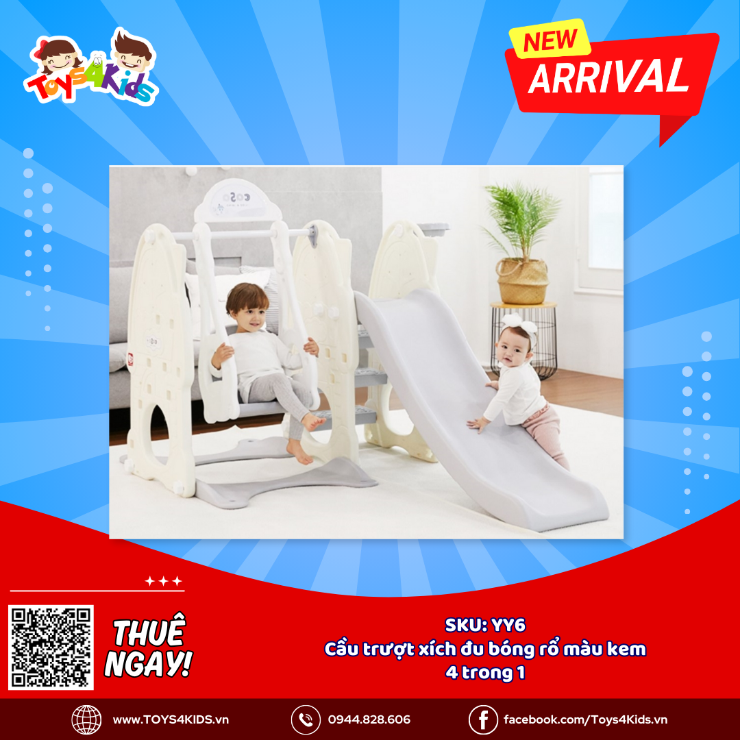  Cầu trượt xích đu kết hợp bóng rổ màu kem 4 trong 1 