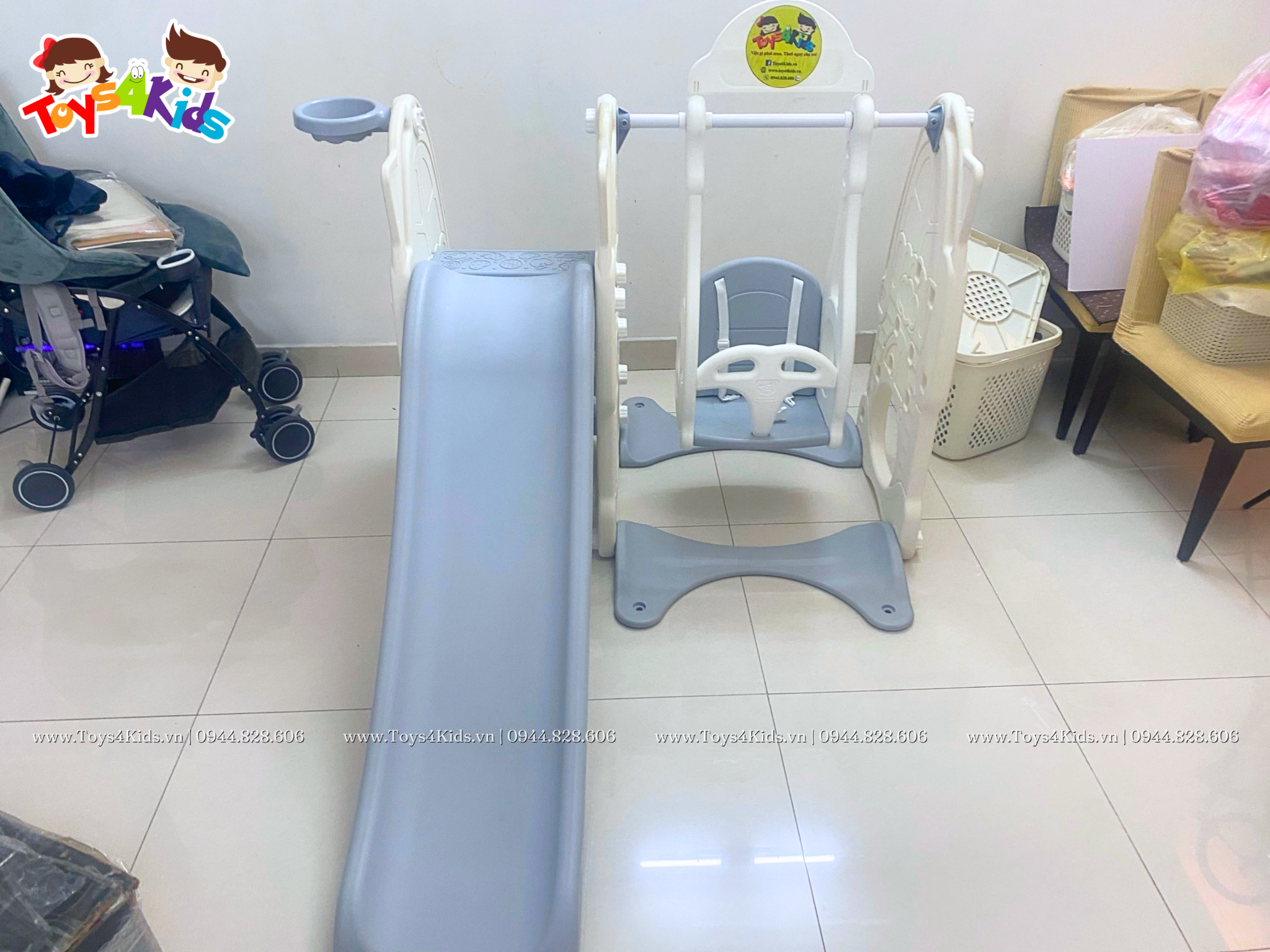  Cầu trượt xích đu kết hợp bóng rổ màu kem 4 trong 1 