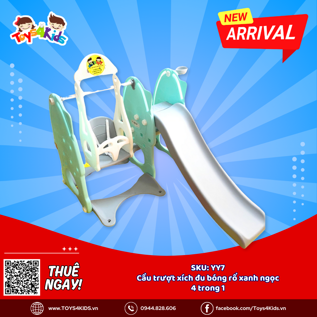  Cầu trượt xích đu kết hợp bóng rổ xanh ngọc 4 trong 1 